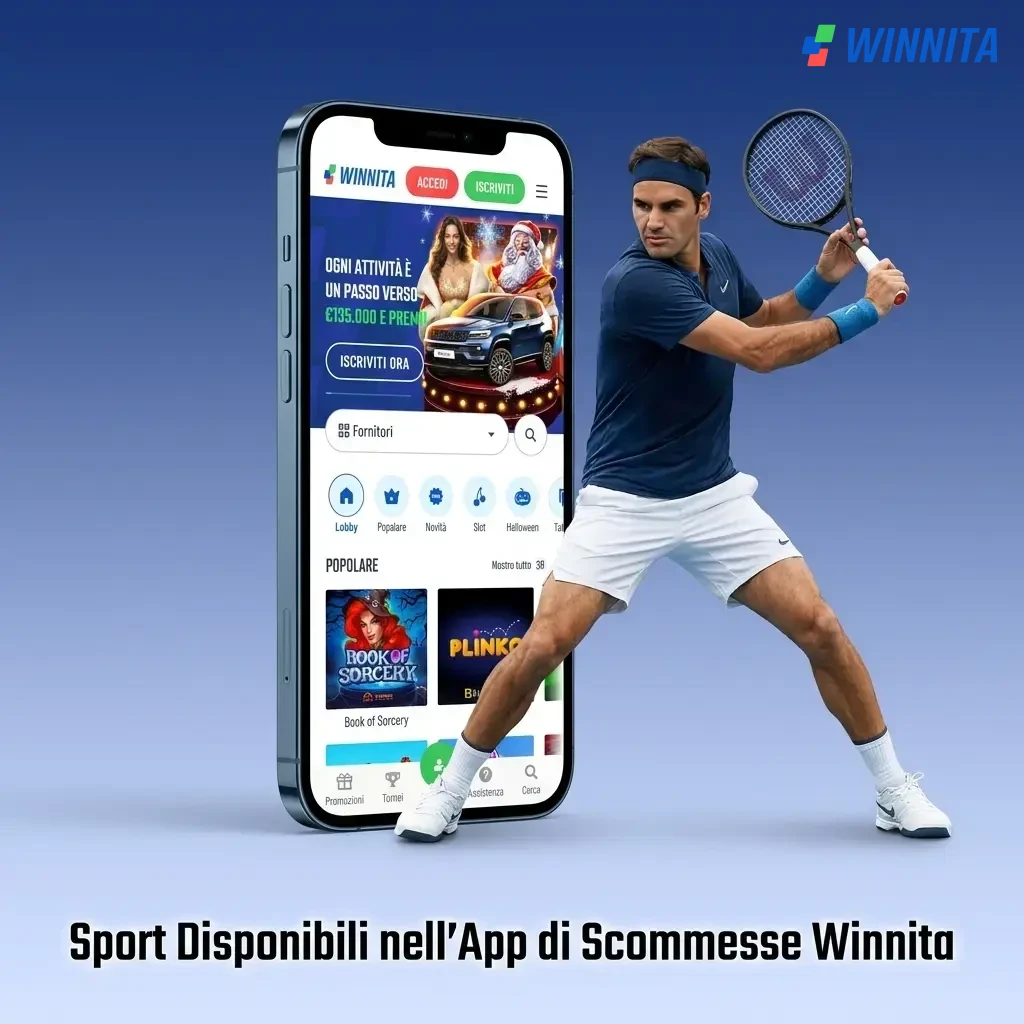 Sport disponibili nell'app Winnita: calcio, tennis, basket, eSport e altro con scommesse LIVE e pre-partita.