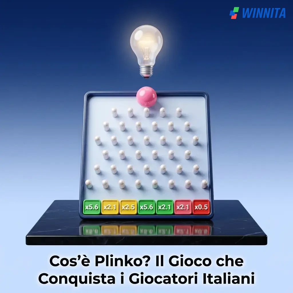 Plinko su Winnita: pallina che rimbalza tra i pioli verso slot con moltiplicatori di vincita diversi