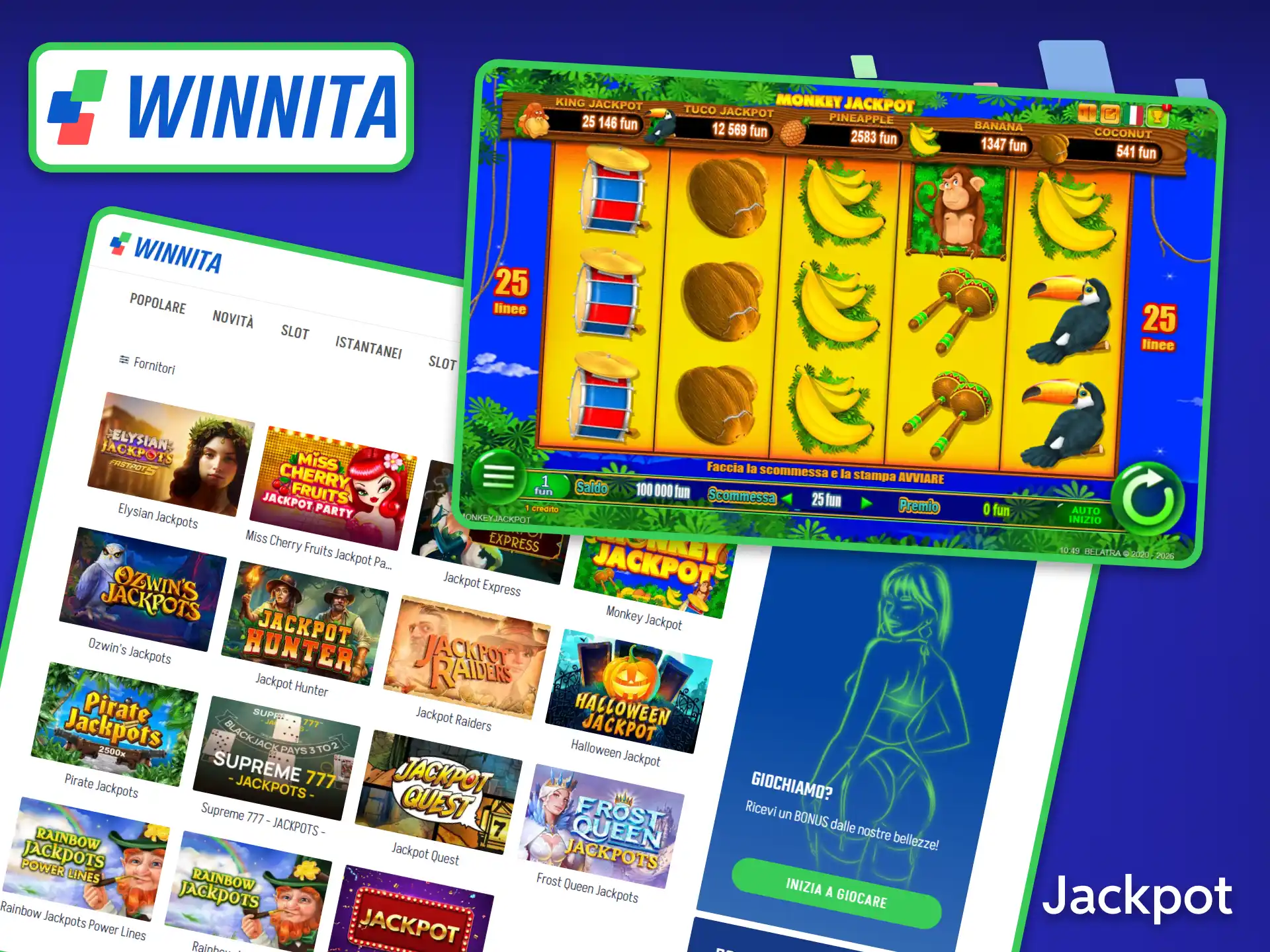 Insegui la vincita della vita mettendo alla prova la tua fortuna con i titoli della sezione Jackpot disponibili su Winnita.